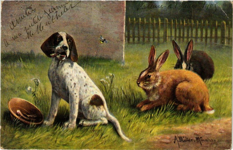 CPA AK Rabbit & puppy DOGS (745986)