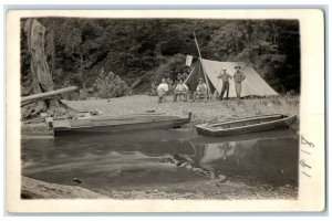 1918 Men Camping Tent River Canoe Boat RPPC Photo Unposted Antique Postcard