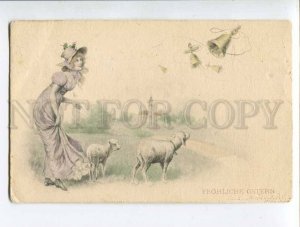 3049050 EASTER Lady & SHEEP & Bells old M.M.VIENNE RPPC 1902 y