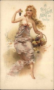 New Year Beautiful Woman with Grapes c1905 Private Mailing Card Postcard