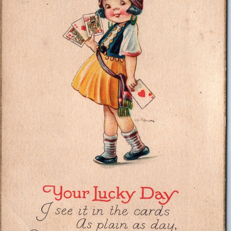 c1910s Birthday Lucky Day PC Cute Little Girl Playing Cards Gypsy Ho-Biel A170