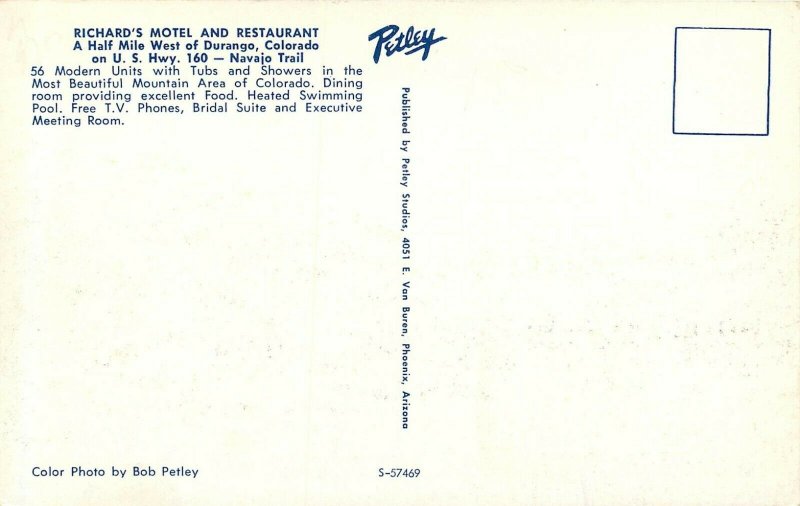 Roadside Postcard Richard's Restaurant Motel Hwy 160 Durango CO Navajo Trail