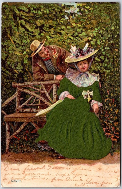 Beautiful Girl With His Dad Park Bench Green Dress Fancy Hat Postcard 