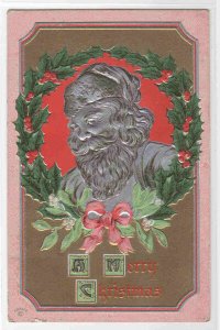 Silver Santa in Holly Wreath Christmas embossed 1910c postcard