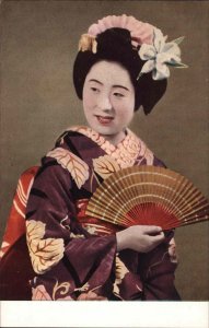 Japanese Fashion Beautiful Woman with Fan Geisha Vintage Postcard