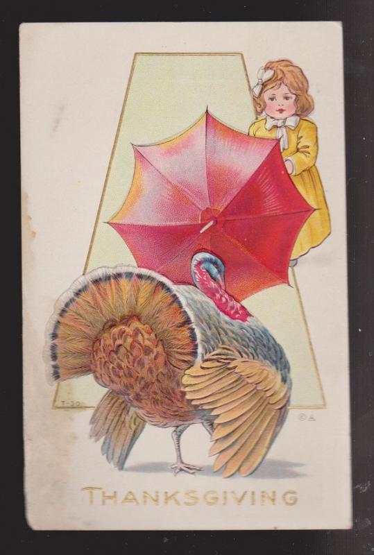 Thanksgiving Greetings - Turkey & Girl - Used - Embossed Stained