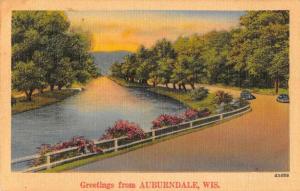 Auburndale Wisconsin Greetings From scenic road view linen antique pc Z44328