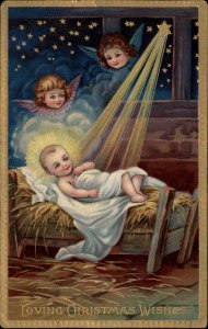 Christmas Angels Watch Baby Jesus in Manger c1910 Vintage Postcard