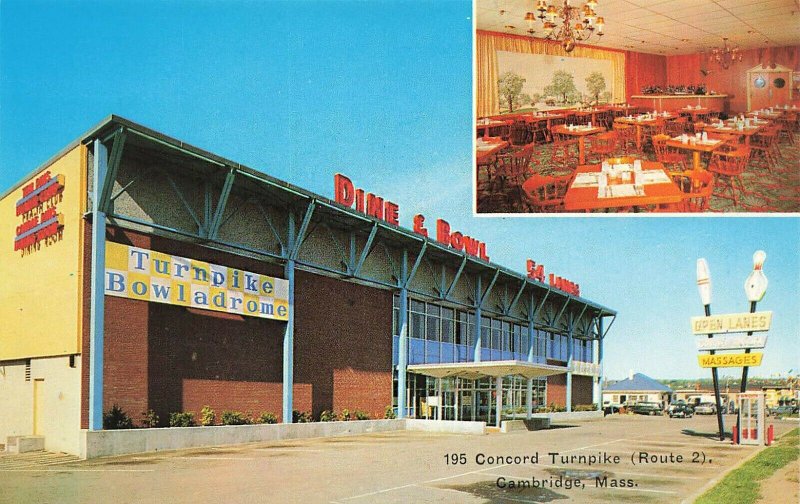 Cambridge MA Turnpike Bowladrome Duo-View Interior Postcard 