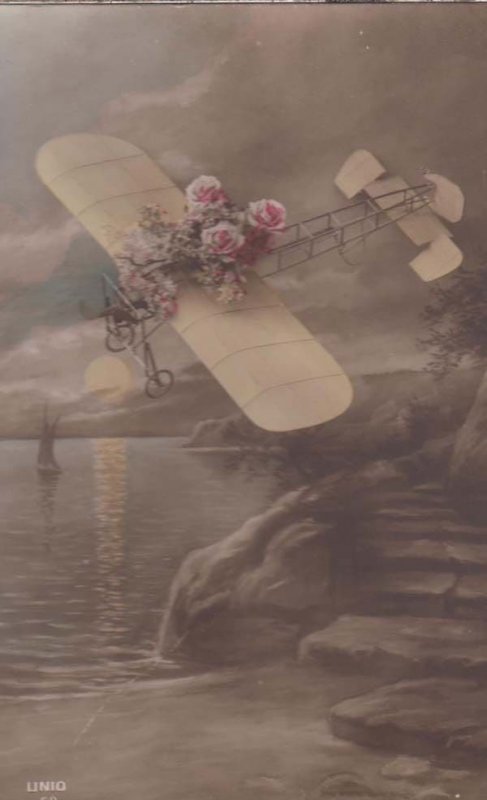 Childrens Toy Plane Glider Covered In Flowers Antique Postcard