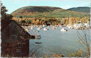 Camden, Maine boats at anchor with Megunticook Mountain and Mt. Battie