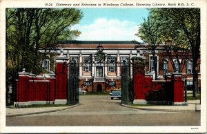 Postcard SC Rock Hill Gateway & Entrance to Winthrop College Library 1940s S77