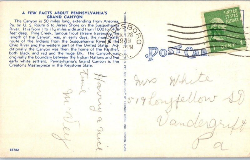 Pennsylvanias Grand Canyon Ansonia Pennsylvania Postcard Posted 1949