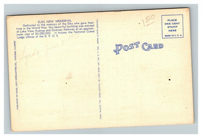 Vintage 1940's Postcard Elks War Memorial Lakeview Ave. Chicago Illinois