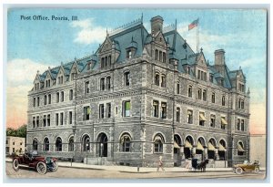 c1910 Post Office Classic Cars Horse Buggy Building Peoria Illinois IL Postcard