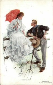 Harrison Fisher Romance Beautiful Woman Farmer Man c1910 Vintage Postcard