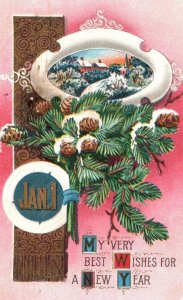C. 1910 Pine Cone Tree Christmas Snow Winsch Back Vintage Postcard P98