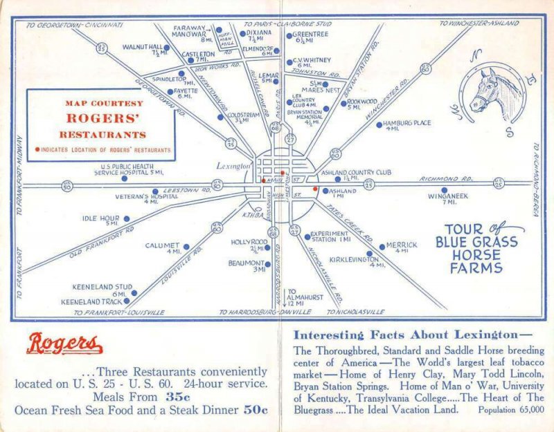 Lexington Kentucky Rogers Restaurant Fold Out Map Vintage Postcard AA28878