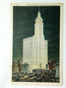 Vintage Postcard The Wrigley Building by Night Chicago IL Plaza North End