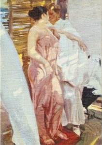 Joaquin Sorolla. The Pink Robe Fine painting, modern Spanish postcard