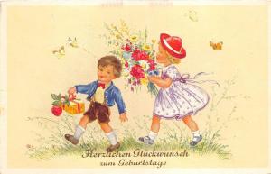 BG8945 boy and girl flower children  geburtstag birthday greetings germany