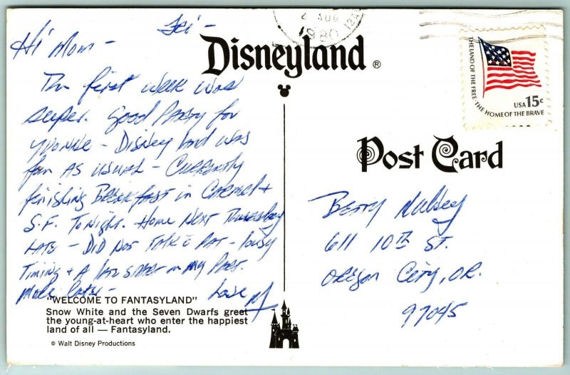 Snow White and Seven Dwarves Disneyland Anaheim CA 1980 Chrome Postcard