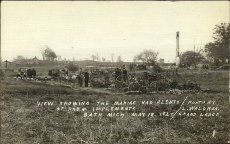 Bath MI Tragedy Mass Murderer Maniac Farm Implements MaCabre 1927 RPPC xst