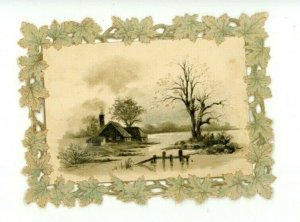 1880s Victorian Die-Cut Lake Scene Cottage Winter Leaf Border Fab! P206