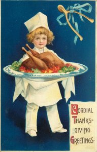 IAPC Embossed Thanksgiving Postcard 51784. Boy Chef & Platter of Roast Turkey