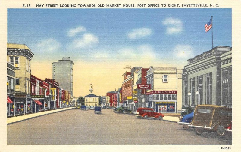 FAYETTEVILLE, NC Hay Street Scene Market House, Post Office ca 1940s Postcard