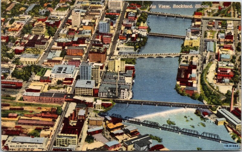 Rockford Illinois Scenic Birds Eye View River Bridges City Linen Postcard 