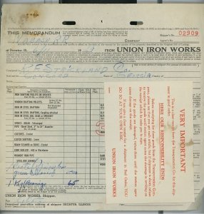 1949 Union Iron Works Decatur Illinois Invoice w/Attached Notice 173