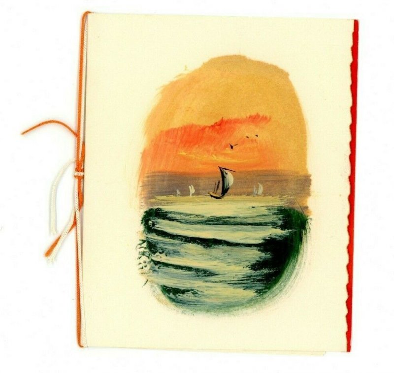 Japanese Hand Painted Christmas New Year Card Cord Boat Sunset Church VTG JG1 