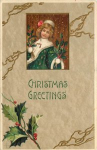 Embossed Christmas Greetings Postcard 9120 Blond Girl in Green Robe Offers Holly