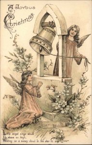 EAS Art Nouveau Little Girl Angels Ring Bell Christmas c1910 Postcard