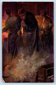 Oilette Postcard Die Glashutte Glassblowers Bild Tuck c1910's Antique