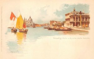 VENEDIG MOLO CHURCH DELLA SAL VENICE ITALY SHIP ARTIST SIGNED POSTCARD (c. 1900)