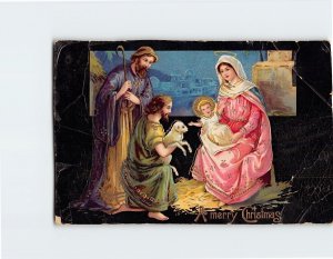 Postcard A merry Christmas with Nativity Embossed Art Print