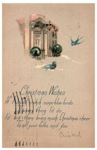 Christmas Wishes w Bluebirds 1924 Antique Postcard w/ 1c stamp Vintage