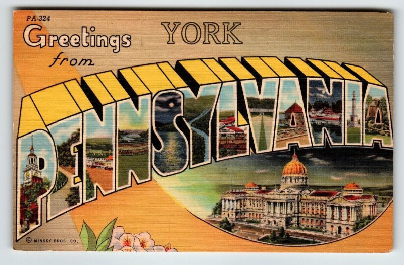 Greeting From York Large Letter Postcard Pennsylvania Linen Unused C T Co.