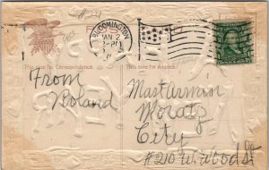 New Year Greeting Faux Log Border 1909 Bloomington to Moratz City Postcard U17