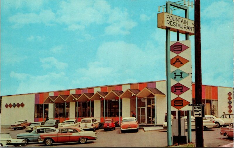 Portland,OR - Sahrs Fountain Restaurant  Vtg Cars Street Scene 1950's Postcard 