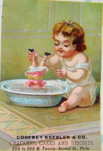 1880s Girl Bathing Doll, Godfrey Keebler & Co, Crackers & Biscuits Trade Card F8 