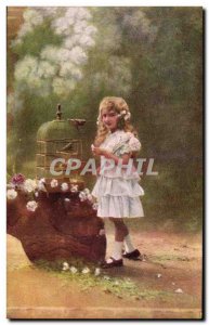 Old Postcard Fun Children and bird