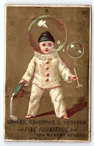 1880s CHILD CLOWN GROVES THOMPSON & SHAFFER FURNITURE VICTORIAN TRADE CARD P304