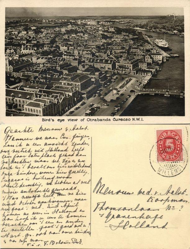 curacao, N.W.I., WILLEMSTAD, Otrabanda, Bird's Eye View (1937) RPPC Stamp