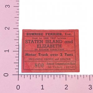 1940s Staten Island Ferry - Motor Truck over 2 Tons, Sunrise Ferries Rare Ticket