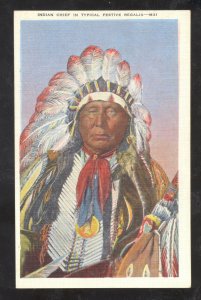 INDIAN CHIEF IN TYPICAL FESTIVE REGALIA VINTAGE NATIVE AMERICANA POSTCARD