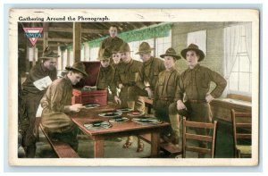 1918 YMCA Army Gathering Around Ponograph Posted Antique Postcard