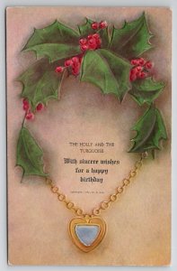 The Holly and the Turquiose December Birthday Greeting Postcard L38
